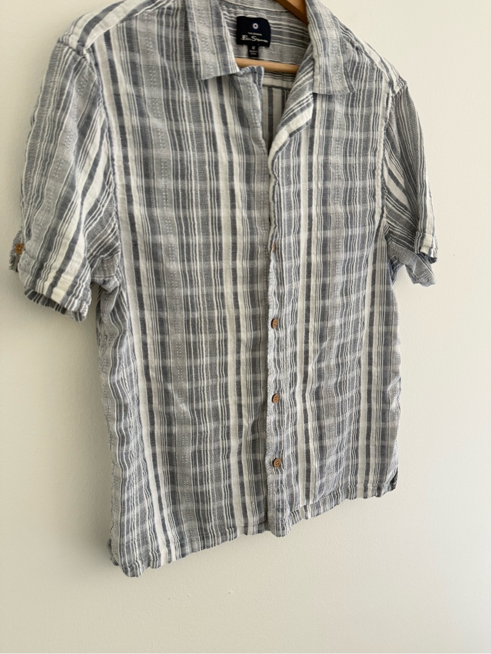 Ben Sherman Blue Gray 100% Cotton Knit Short Sleeve Button Down Medium - Picture 4 of 7